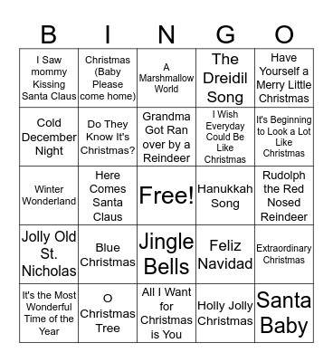 Holiday Song Bingo Card