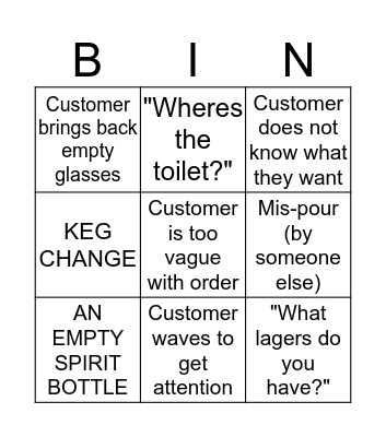 Bar Staff Bingo Card