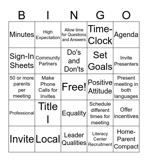 Parental Engagement  Bingo Card