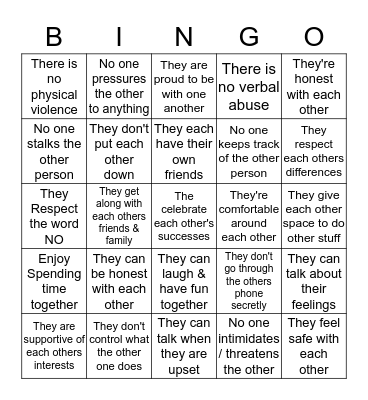 Healthy Relationship Bingo Card