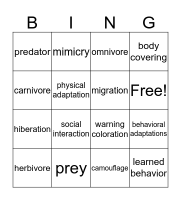 Animal Adaptation Bingo Card