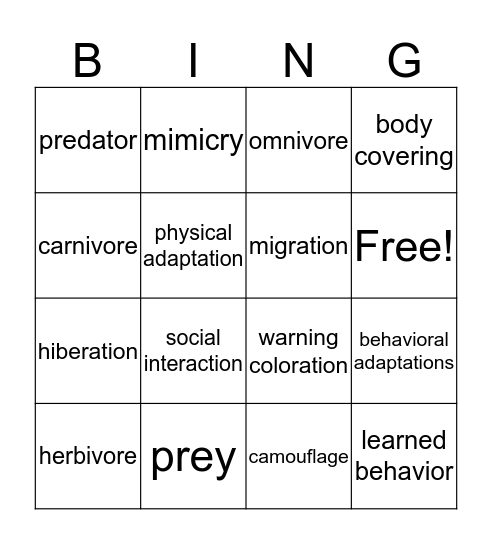 Animal Adaptation Bingo Card