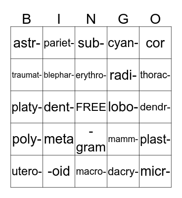 MEDICAL TERMINOLOGY Bingo Card
