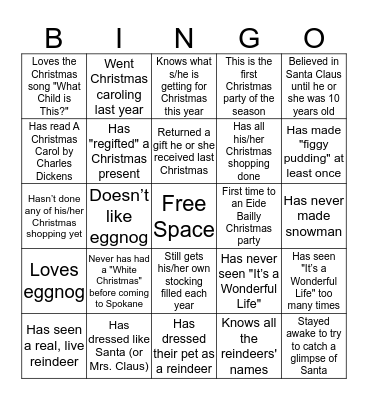 Eide Bailly Christmas Party 2017 Bingo Card