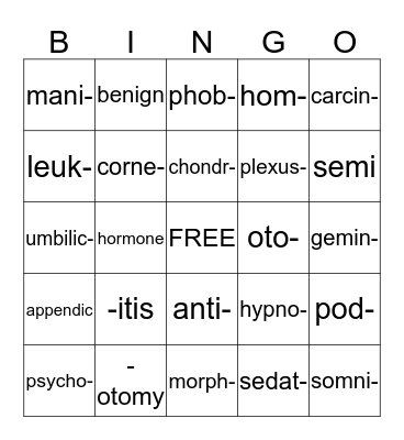 Medical Terminology Bingo Card