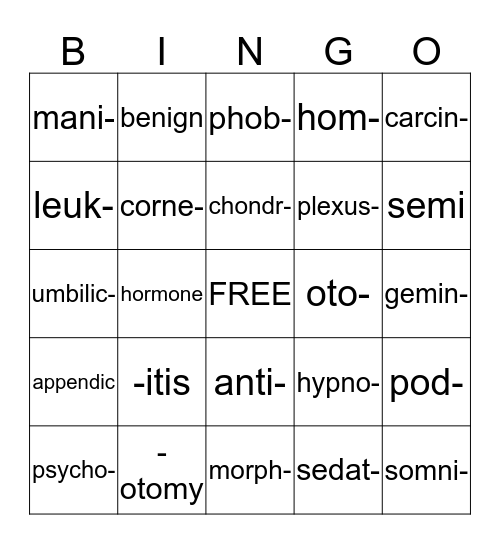 Medical Terminology Bingo Card