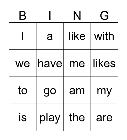 Sight Word Bingo Card