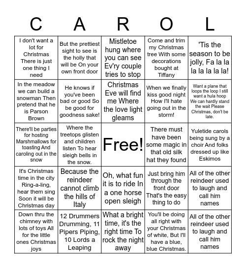 Holiday Songs Bingo Card