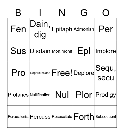 Younger Vocab wks 8-13 Bingo Card