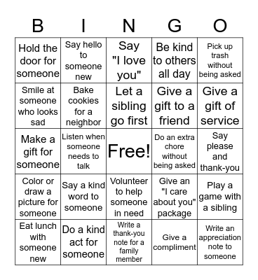 Random Acts of Kindness Bingo Card