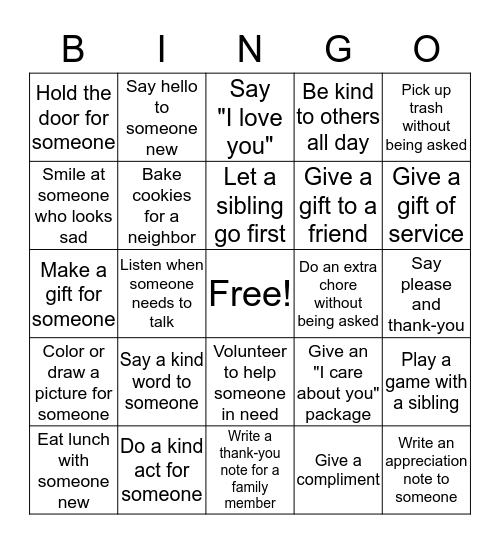 Random Acts of Kindness Bingo Card