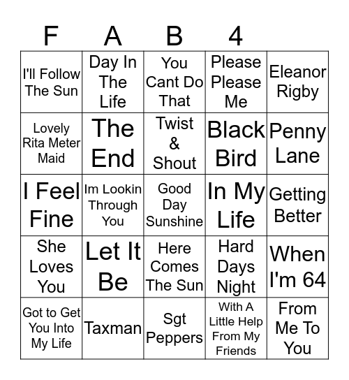 Beatles #1 Bingo Card