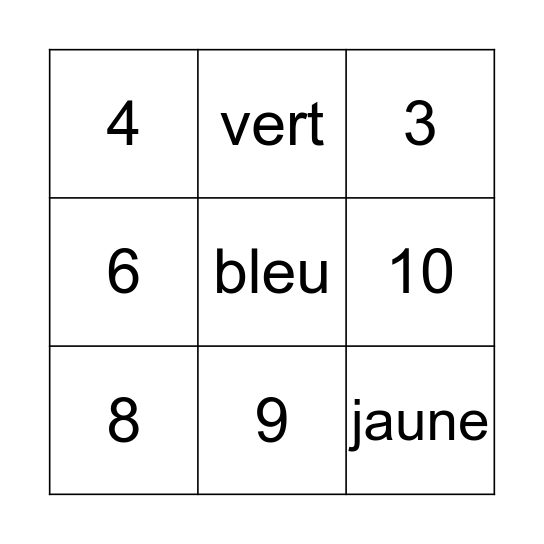 Les couleurs et les nombres Bingo Card