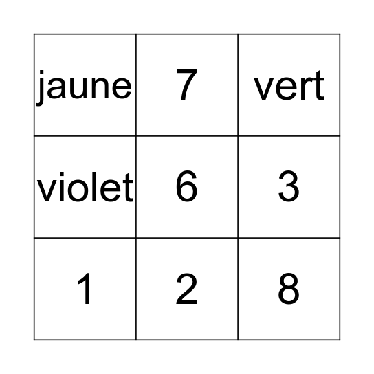 Les couleurs et les nombres Bingo Card