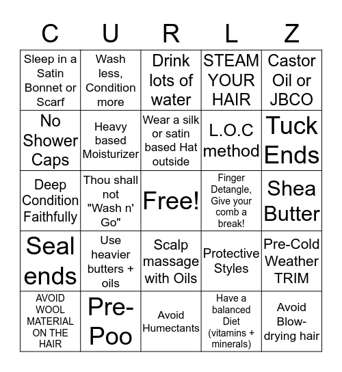 Campus Curlz Winter Hair Care Bingo ! Bingo Card
