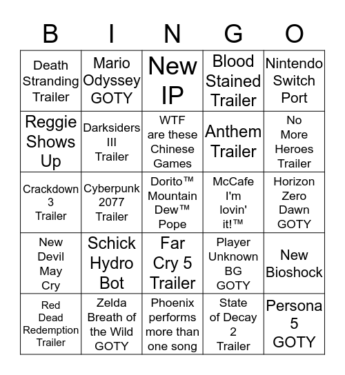 GAME AWARDS 2017 Bingo Card