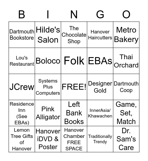 Hanover Merchent Bingo Card