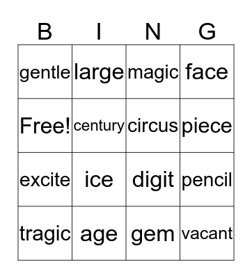 Spelling BINGO Card
