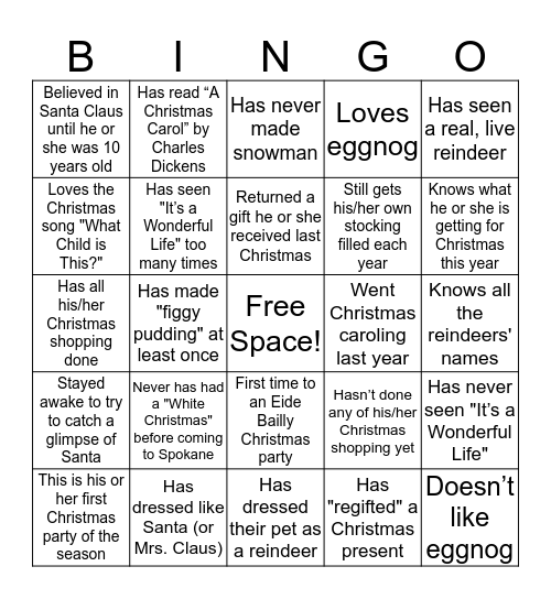 Eide Bailly Christmas Party 2017 Bingo Card