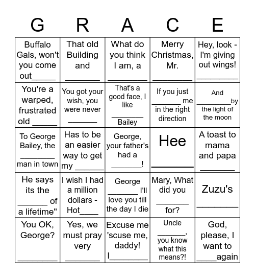 Its A Wonderful Life Bingo Card