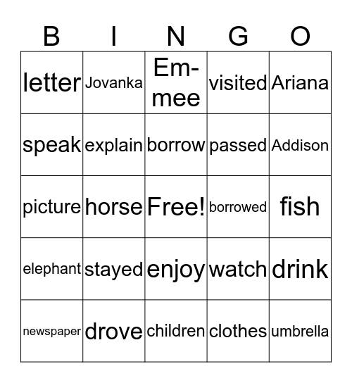 Nouns~Verbs Bingo Card