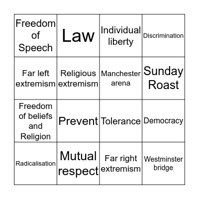 British Values & Prevent Bingo Card
