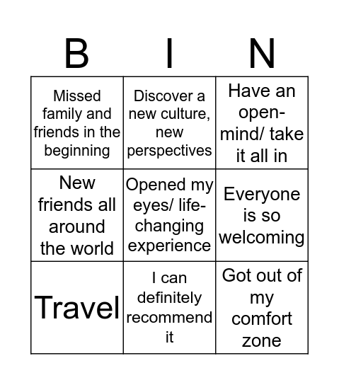 Study Abroad Meeting Bingo Card