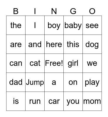 Sight Word Bingo Card