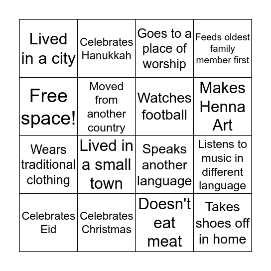 Cultural BINGO Card