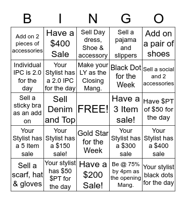 Windsor #41 Manager Bingo Card