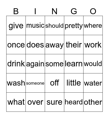 Sight Words Bingo Card