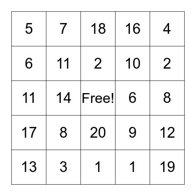Number Bingo Card