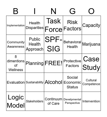 Substance Abuse Prevention Training (SAPST) Bingo Card