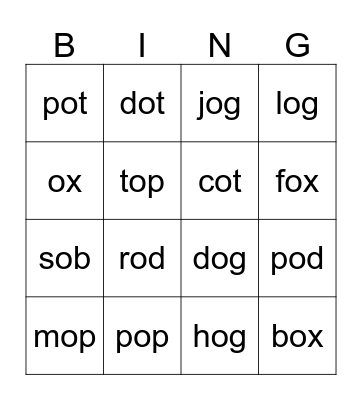 short o Bingo Card