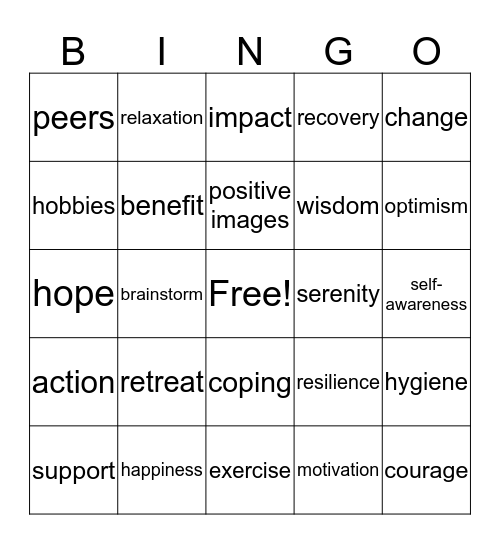 Recovery Bingo Card