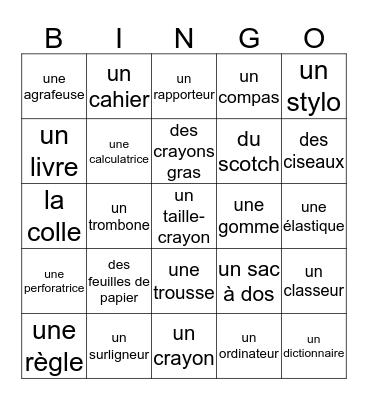 Les fournitures scolaires Bingo Card