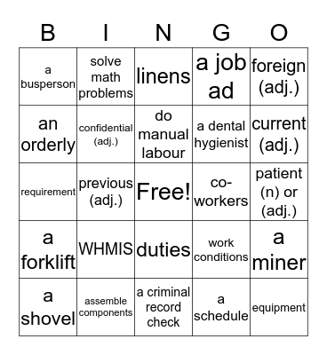 Employment Vocabulary Review Bingo Card