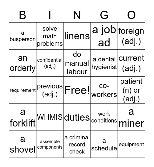 Employment Vocabulary Review Bingo Card