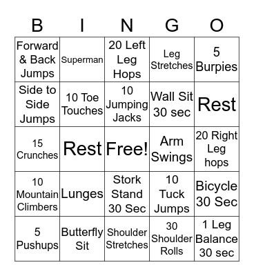 Fitness Bingo Card