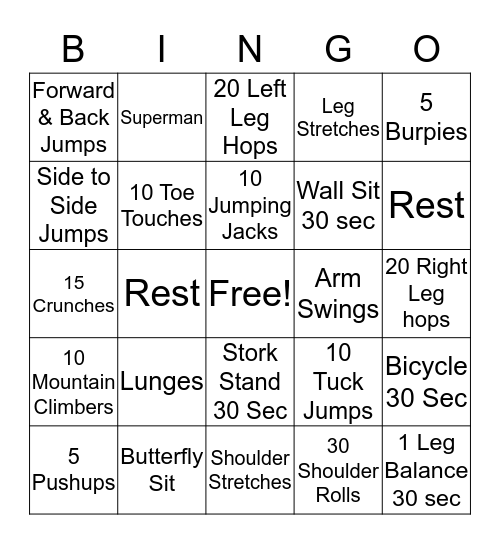 Fitness Bingo Card
