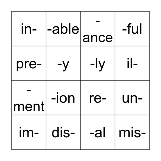 Prefix & Suffix BINGO Card