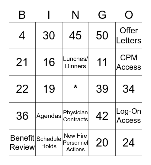 Physician Recuitment  Bingo Card