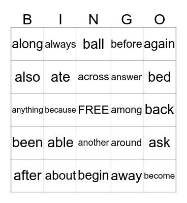 High Frequency Word Bingo Card