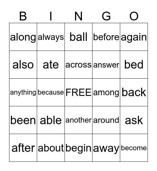 High Frequency Word Bingo Card