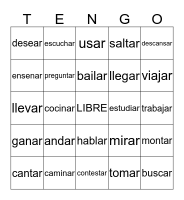 -AR Verbs Bingo Card