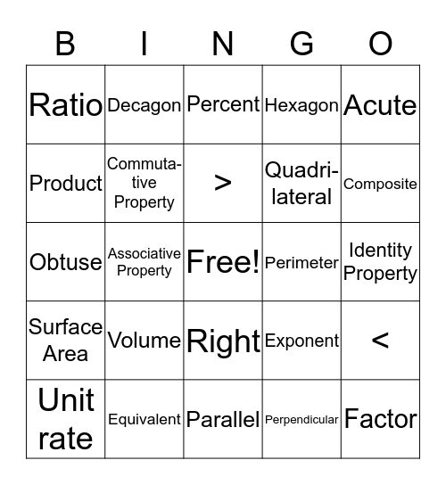 Basic middle school math vocab Bingo Card