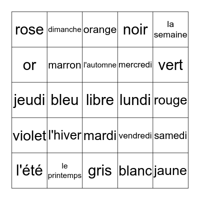 les couleurs, les jours de la semaine, les saisons Bingo Card