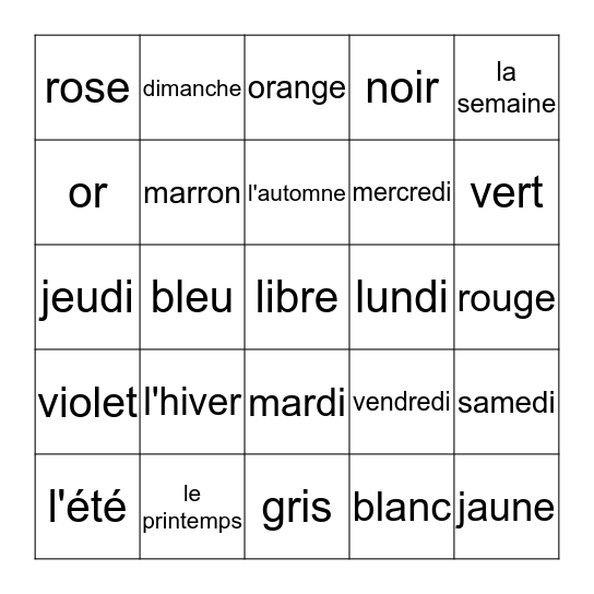 les couleurs, les jours de la semaine, les saisons Bingo Card