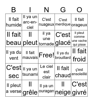 Bingo Weather Terms Bingo Card