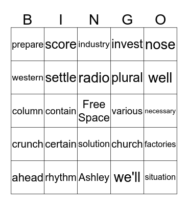 Ashley's Words Bingo Card